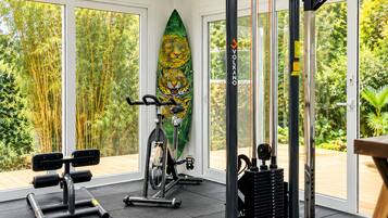 A gym with exercise equipment, a yoga mat, and a view of greenery through large windows.