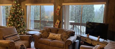 Smart TV, fireplace, video games, DVD player