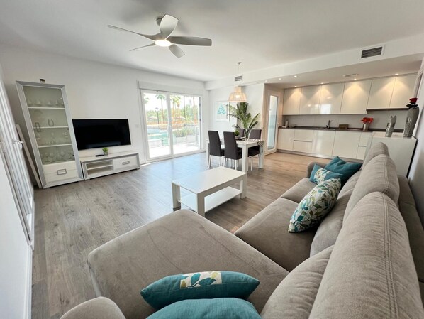 TV, video library, stereo