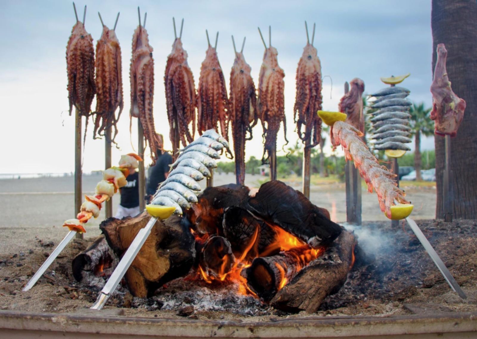 A barbecue with skewers of meat and fish over an open fire.