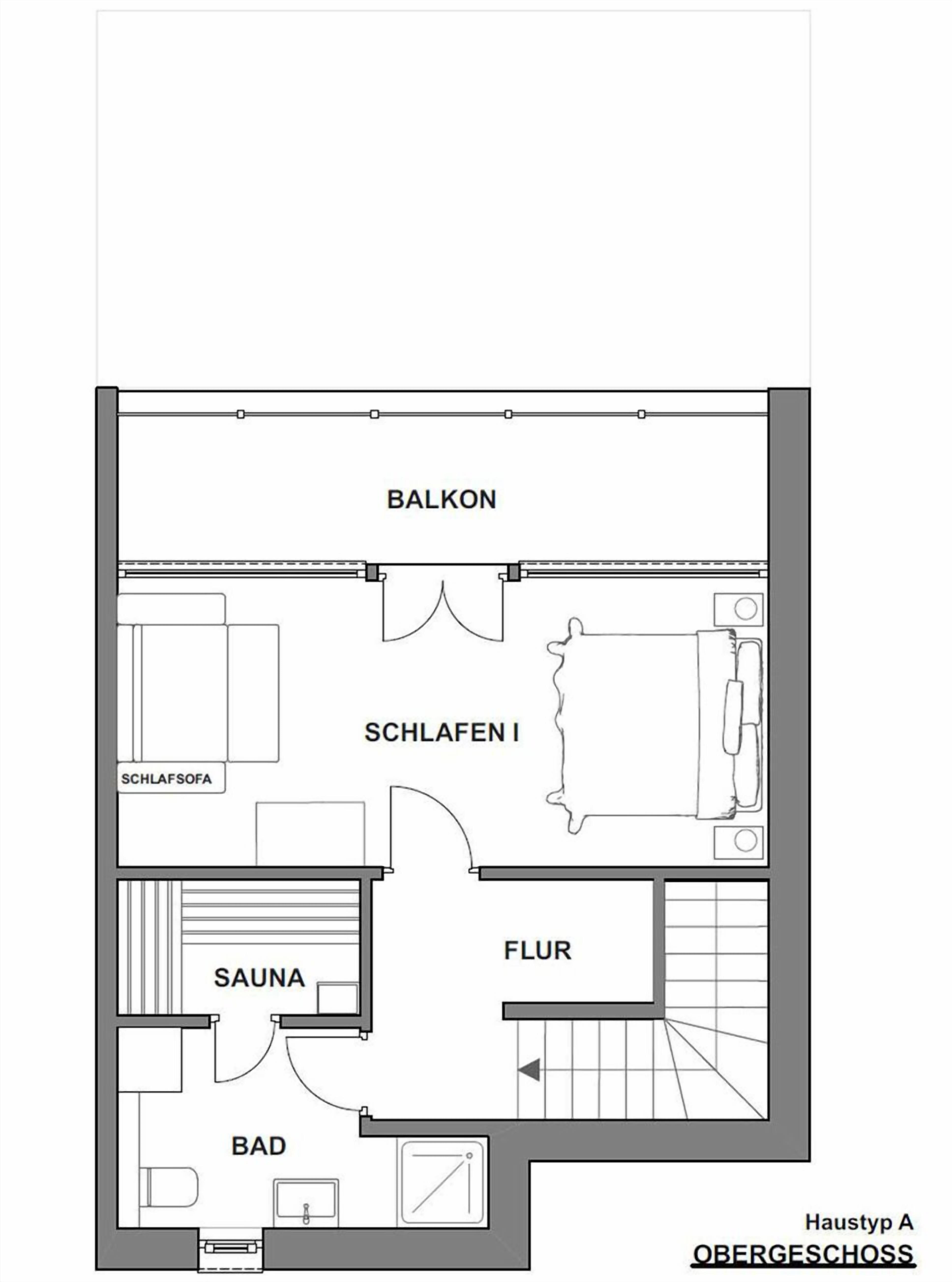 Un hôtel comprenant un balcon, deux chambres (chambre I et chambre II), un sauna, une salle de bain et un espace de vie (hall).