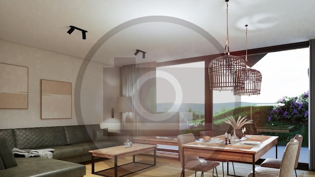 A modern living room with a sofa, coffee table, and dining area with chairs. There is a large window providing a view of greenery outside. - Ferienhauspark Hasselfelde (Oberharz am Brocken)