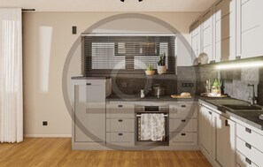 Fridge, stovetop, dishwasher, coffee/tea maker