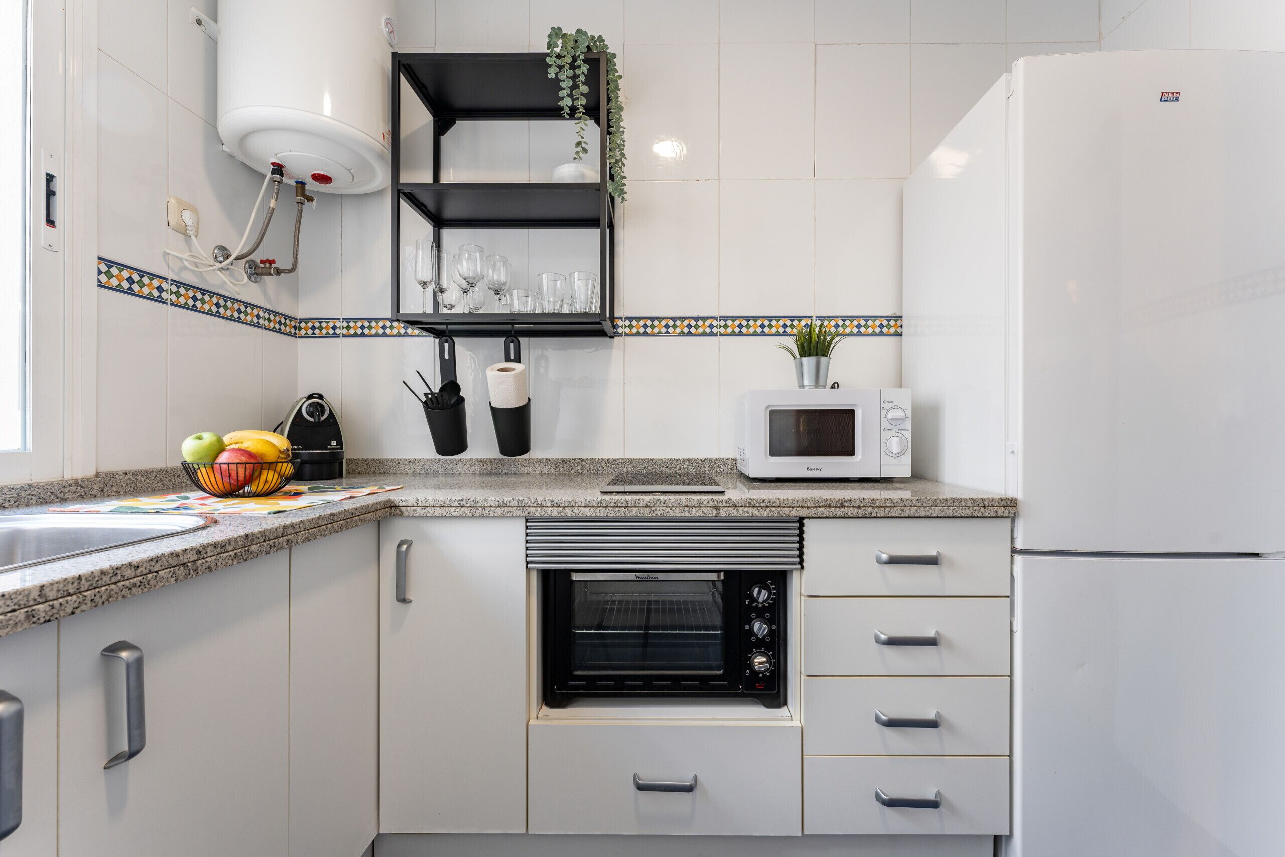 Fridge, microwave, coffee/tea maker, electric kettle