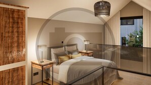 A modern bedroom with a large bed, two bedside tables, a hanging light fixture, and a view of greenery through a window. - Ferienhauspark Hasselfelde (Oberharz am Brocken)
