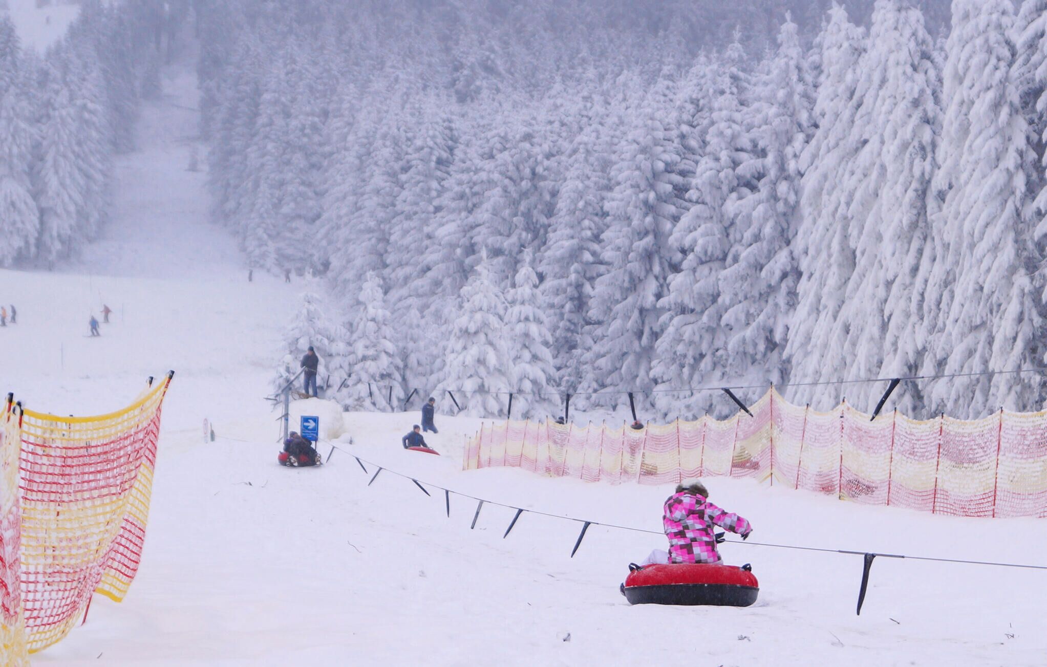 Une piste de ski enneigée avec une luge rouge et une personne portant une veste à carreaux rose et noir.