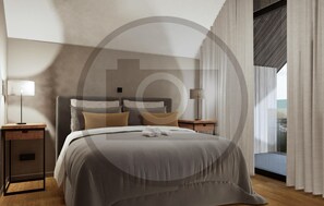 A modern hotel room with a large bed, two bedside tables, a nightstand, and a view of the outdoors. - Ferienhauspark Hasselfelde (Oberharz am Brocken)