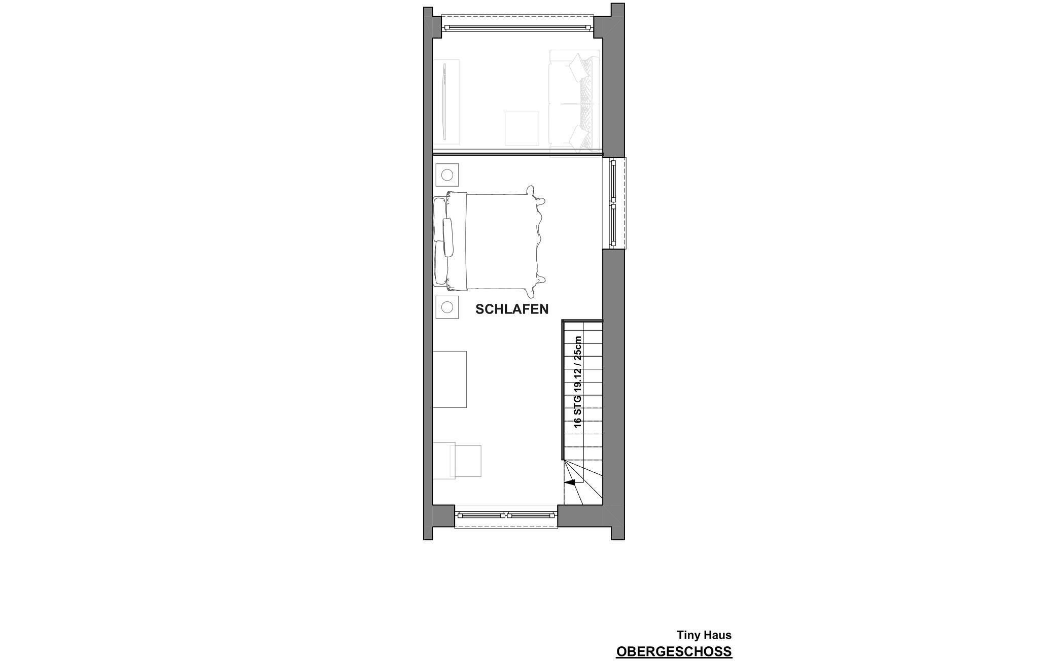 Plano de planta que muestra un dormitorio, un baño y una escalera que conduce a un piso superior.
