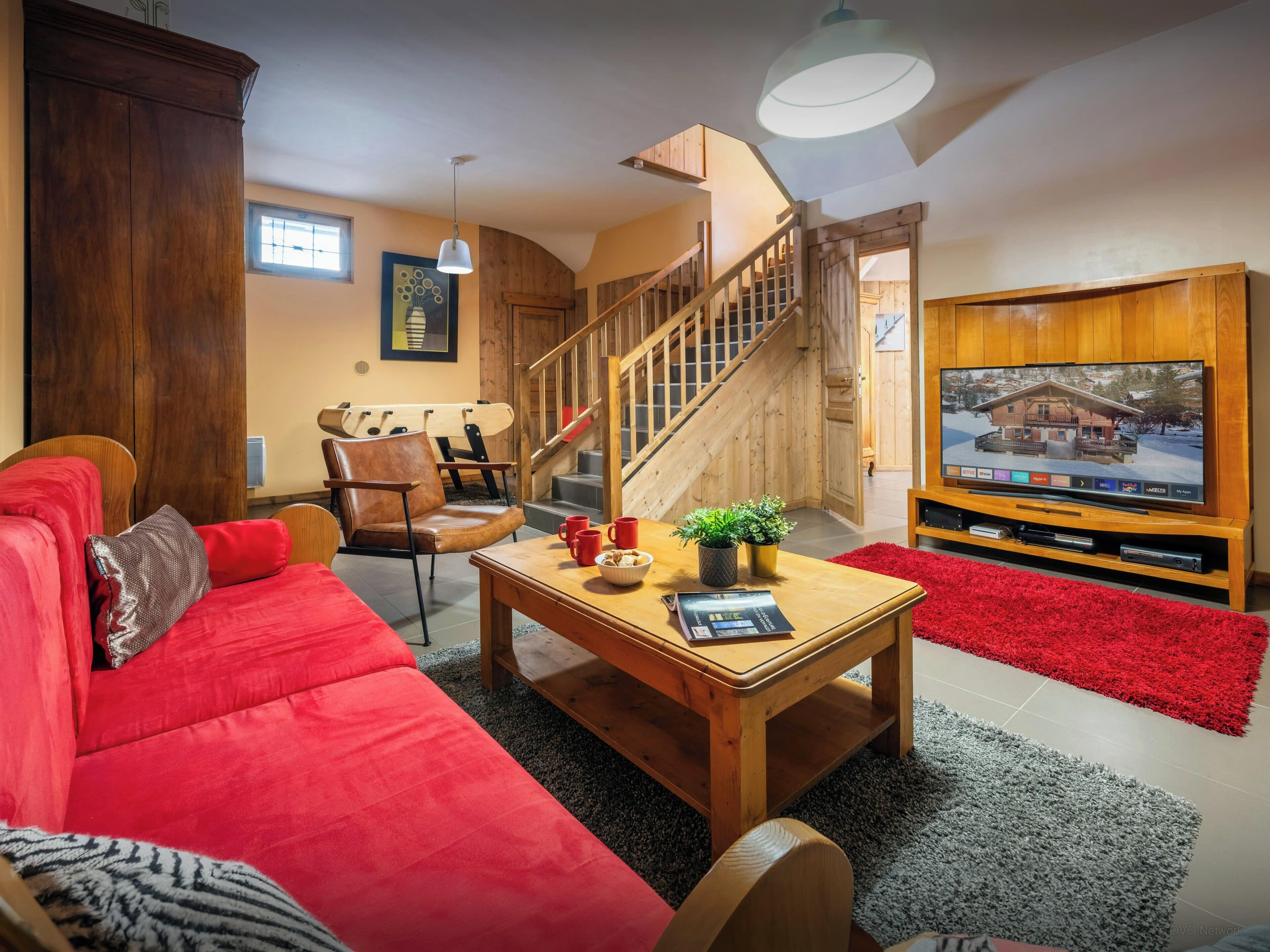 TV, fireplace, video games, foosball