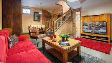 TV, fireplace, video games, foosball