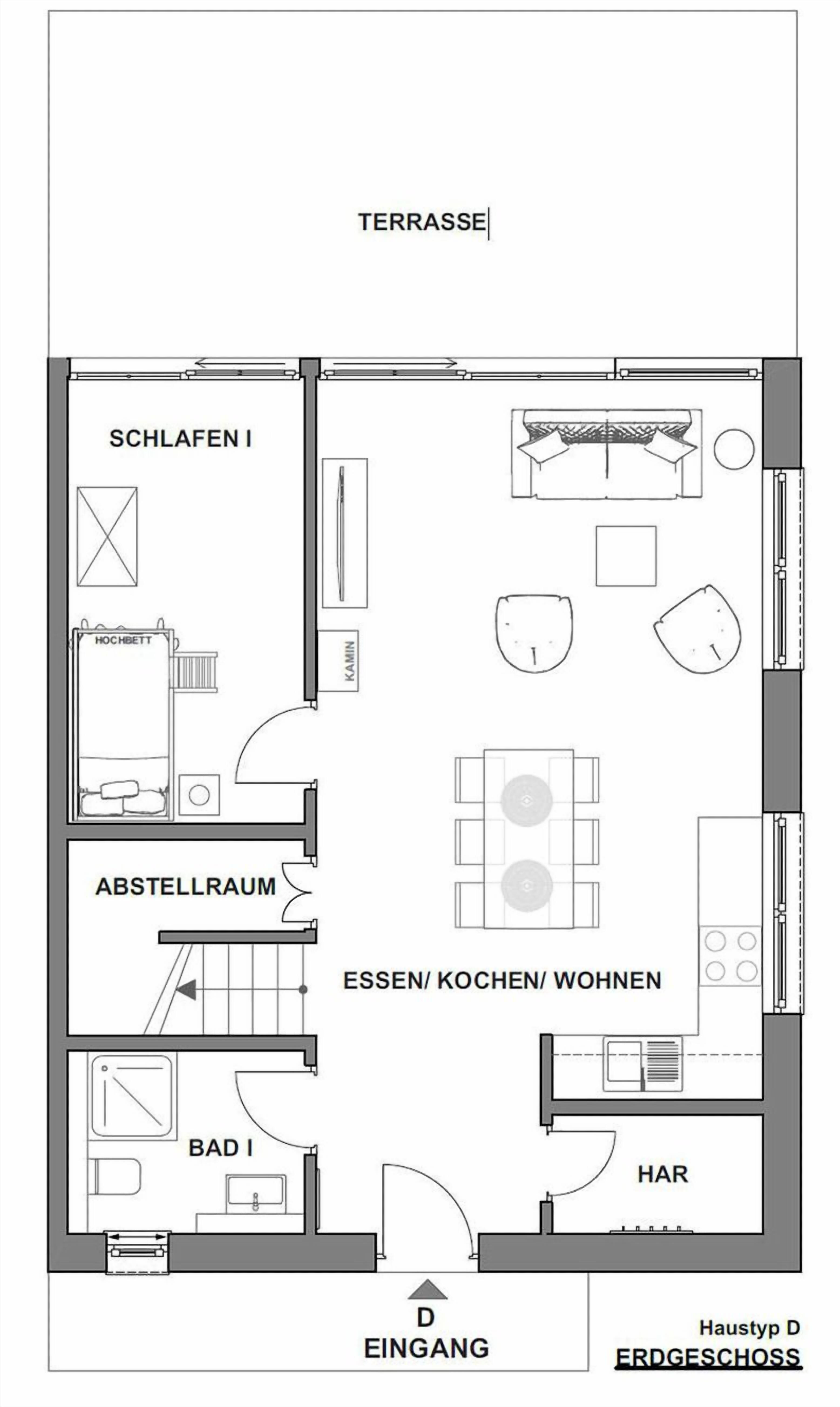A hotel floor plan with a terrace, two bedrooms, a bathroom, a kitchen, a dining area, and a hallway.