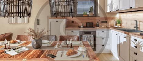 Fridge, stovetop, dishwasher, coffee/tea maker