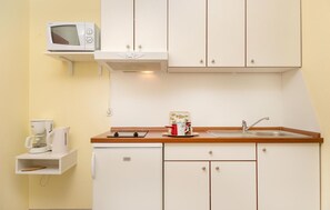 Fridge, microwave, stovetop, coffee/tea maker