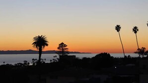 Vista de un atardecer costero con palmeras siluetas contra el cielo.