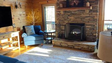 TV connectée, cheminée, livres