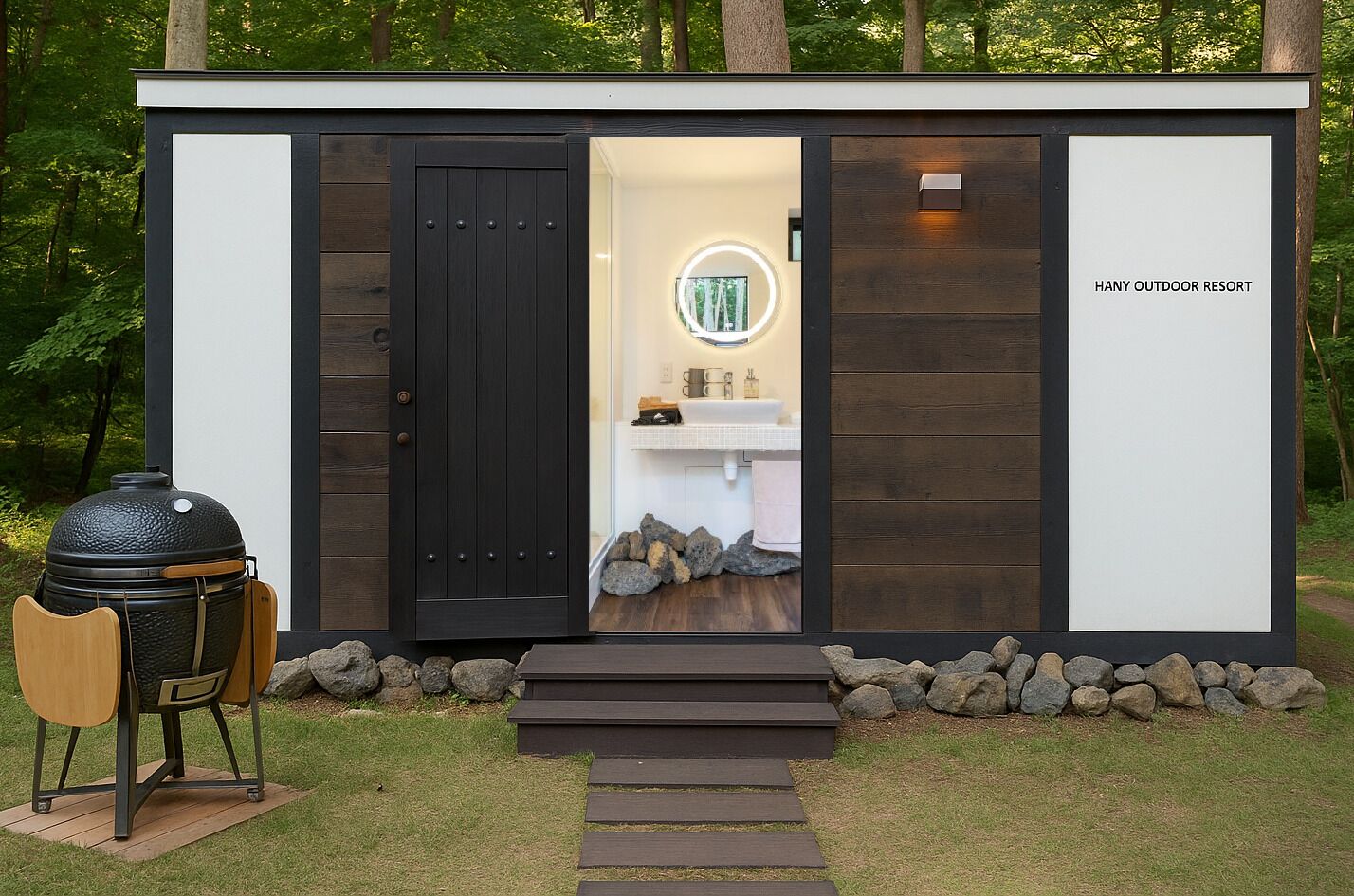 A modern outdoor cabin with a dark wooden door, a small bathroom with a sink and mirror, and a grill outside.