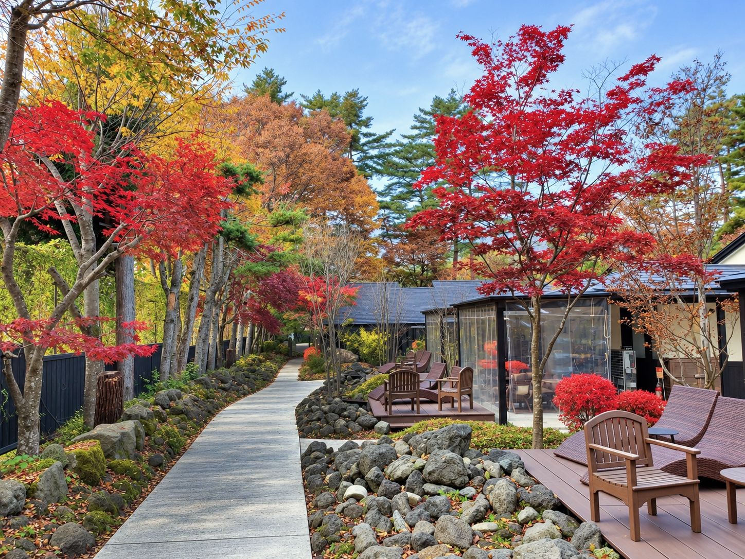 A pathway lined with trees displaying autumn foliage, leading to a covered seating area with outdoor furniture.