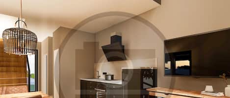 Geladeira, cooktop, talheres/pratos/utensílios de cozinha