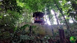 Een boomhut met een houten platform en een metalen leuning, omgeven door weelderige begroeiing.