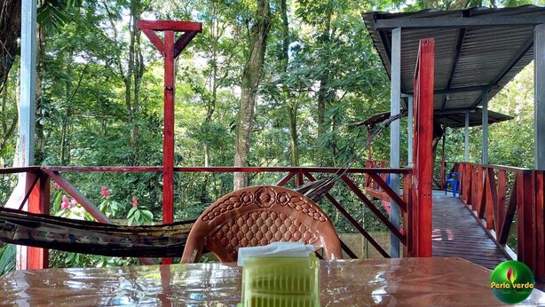 Een houten terras met rode balustrade, een overdekte zithoek en uitzicht op een bebost gebied.