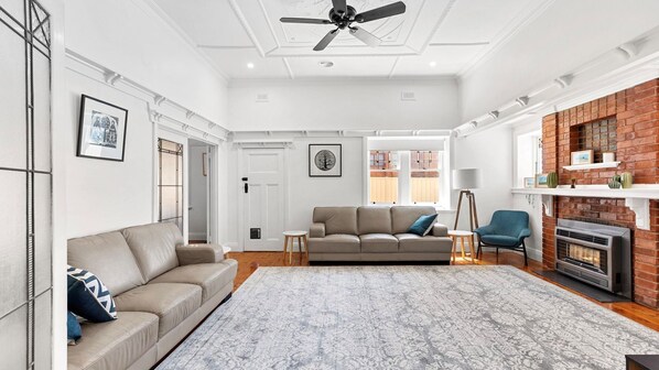 Smart TV, fireplace, books