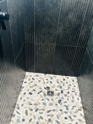 Regadera, secadora de cabello, toallas, jabón 