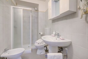 Een douche, een haardroger, een bidet, handdoeken