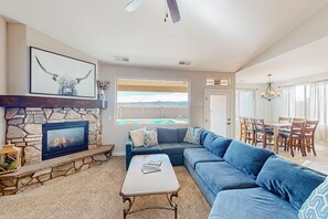 TV, fireplace, DVD player, foosball