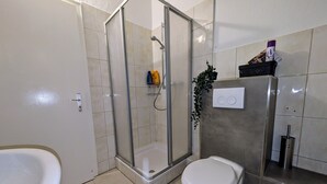 Une salle de bain avec une douche à parois de verre, des toilettes et un lavabo.