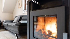 Una sala de estar moderna con chimenea, un sofá gris y un cuadro enmarcado en la pared.