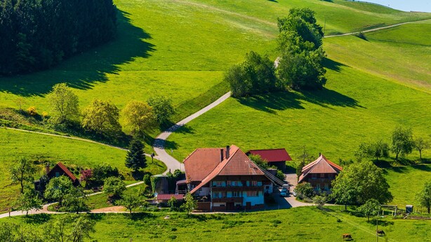Una casa de campo con techo rojo, rodeada de campos verdes y árboles.