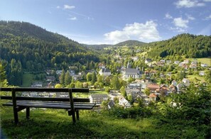 A bench overlooking a village with houses and a lake, surrounded by forested hills.
