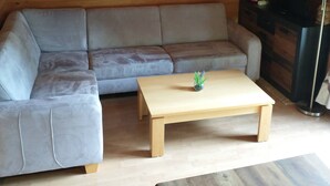 A wooden-paneled room with a grey sofa, a wooden coffee table, and a TV stand with a flat-screen TV.