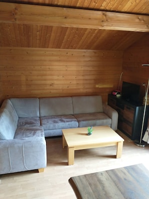 Ein Zimmer mit Holzwänden, einem grauen Sofa, einem Holztisch und einer TV-Konsole mit einem Flachbildfernseher.