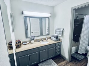Hair dryer, towels, soap, toilet paper