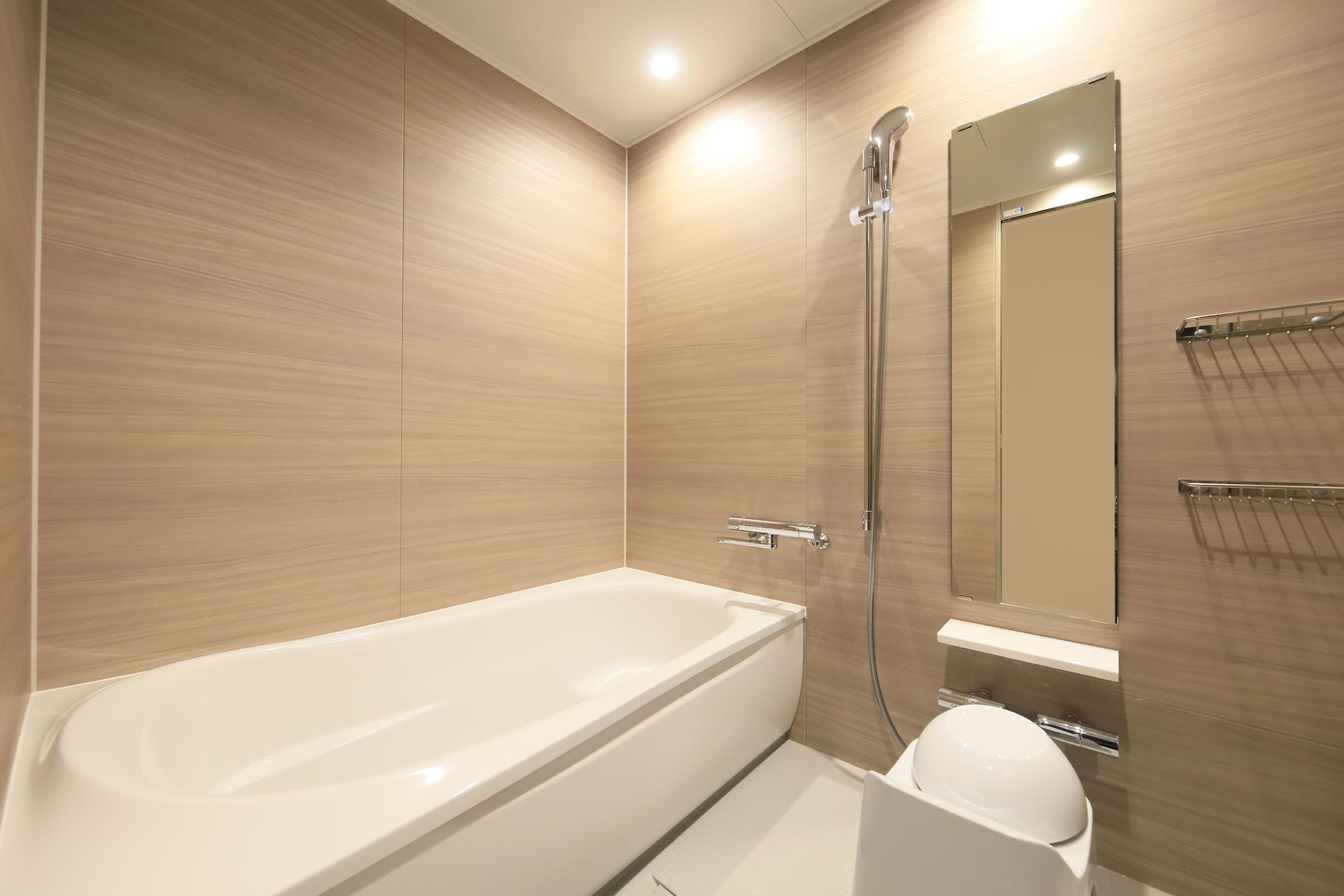 A modern bathroom with a bathtub, a shower, a toilet, and a mirror.