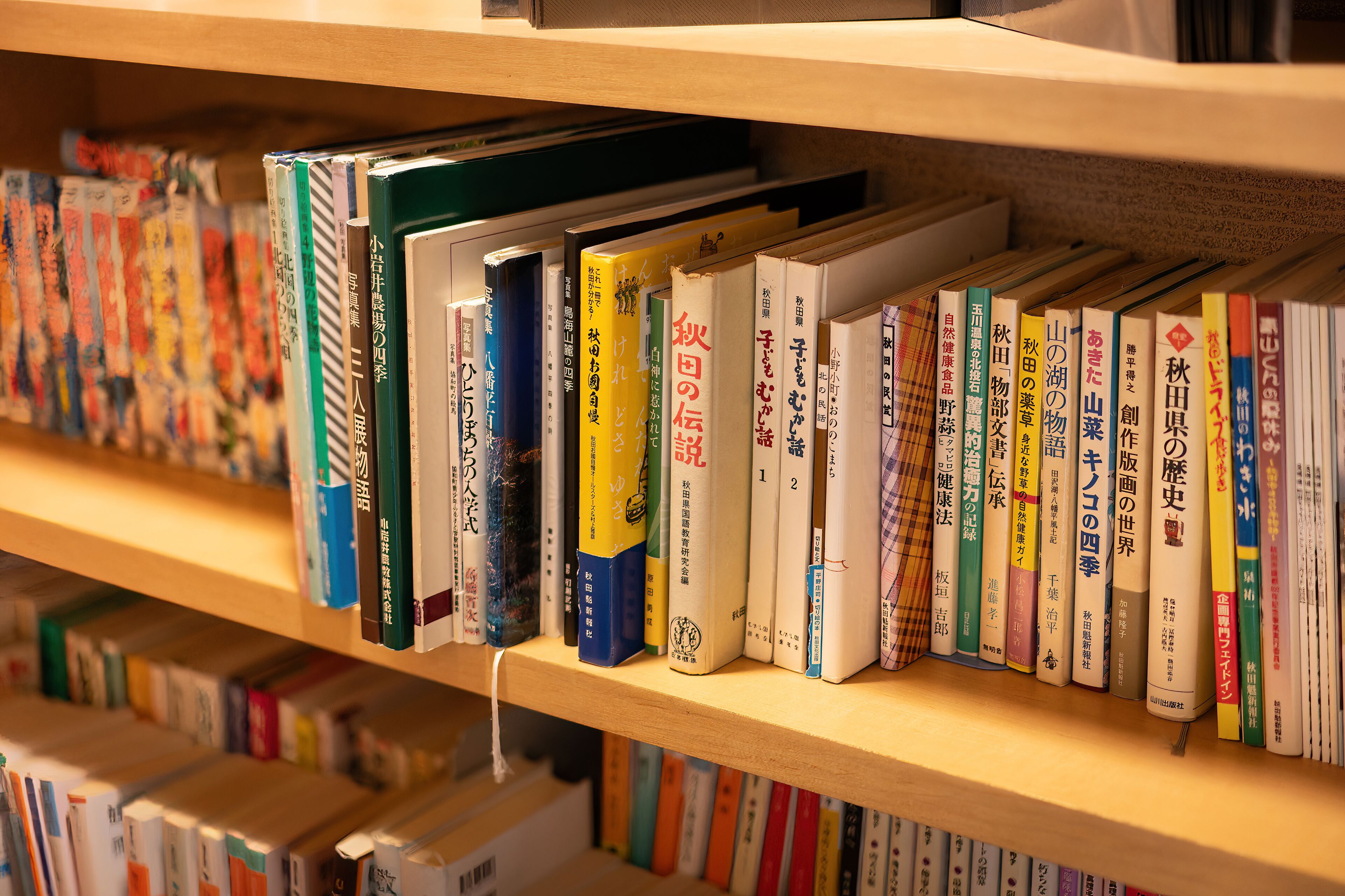 A bookshelf with various books, some with Japanese text.