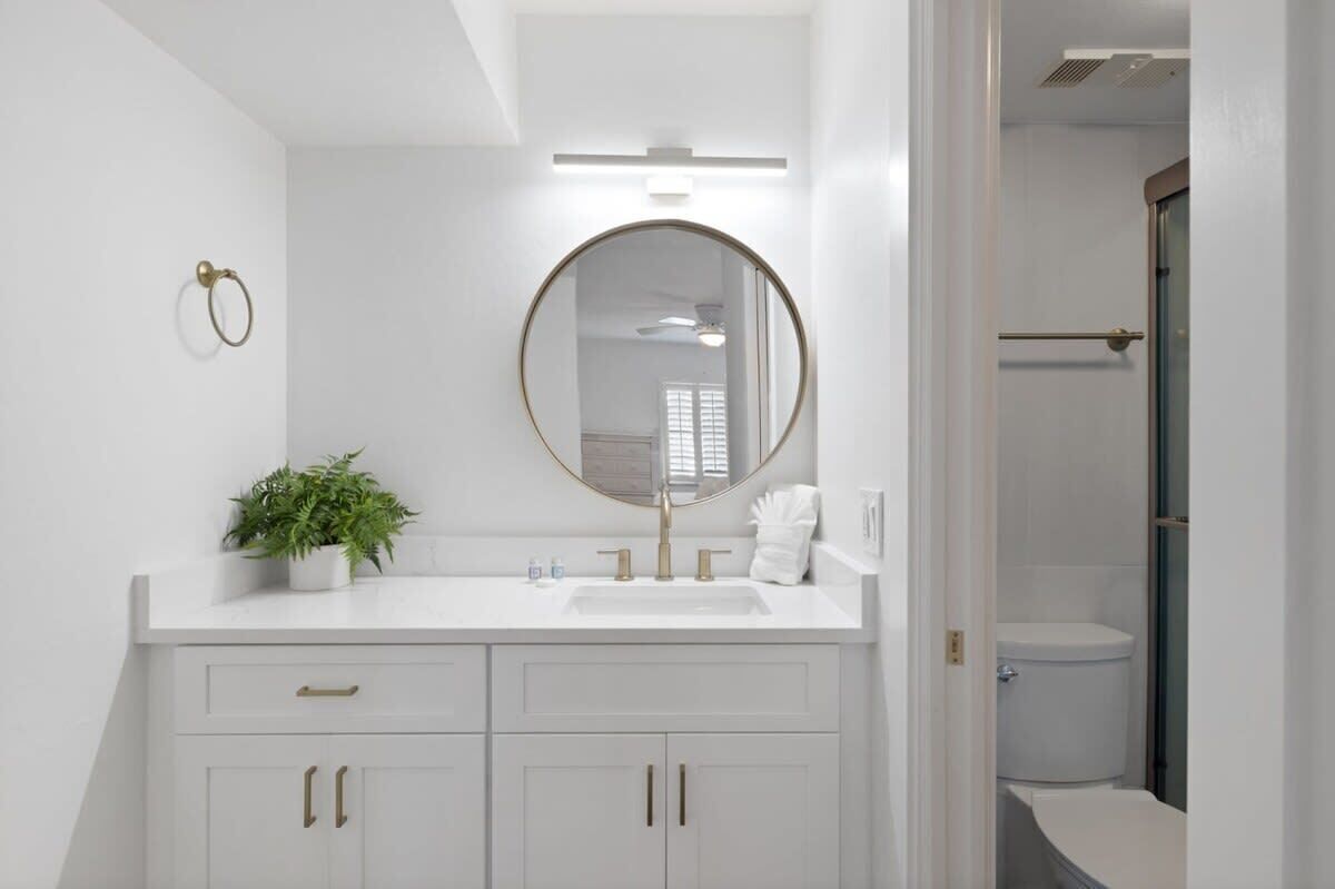 A modern bathroom with a white vanity, a round mirror, a potted plant, and a toilet visible in the background.