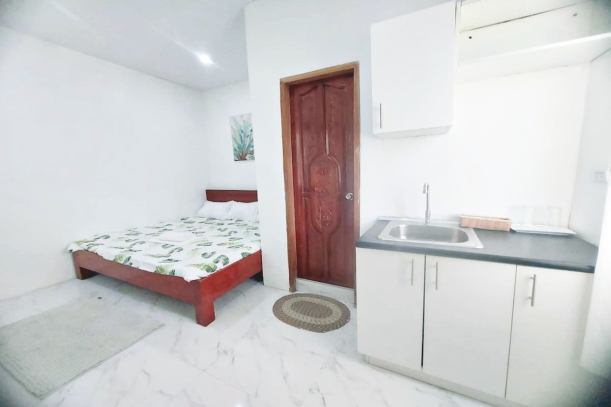 A bedroom with a bed, a small kitchen area with a sink, and a door.