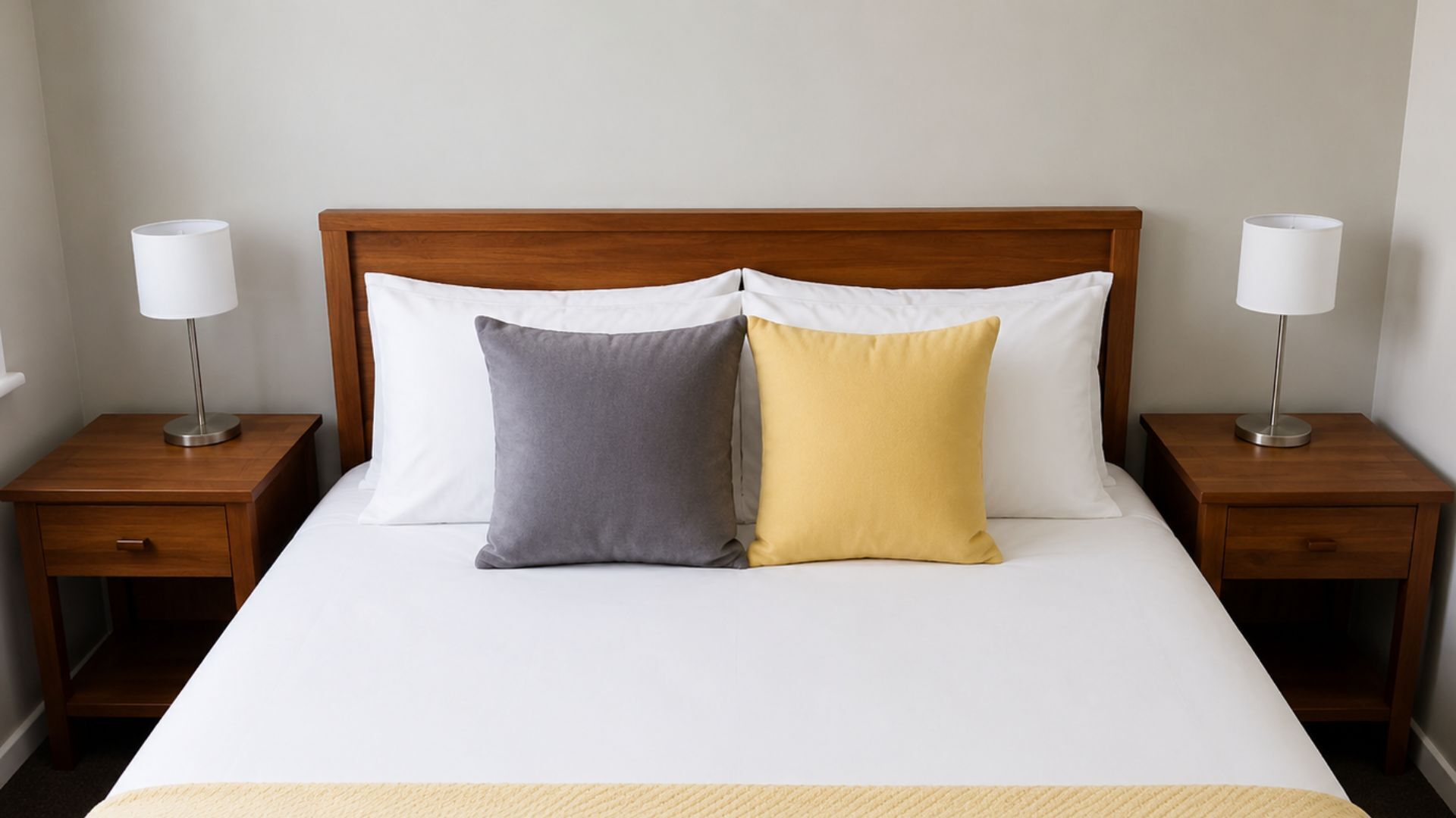 A hotel room with a wooden headboard, two bedside tables with lamps, a bed with white bedding, and two pillows.