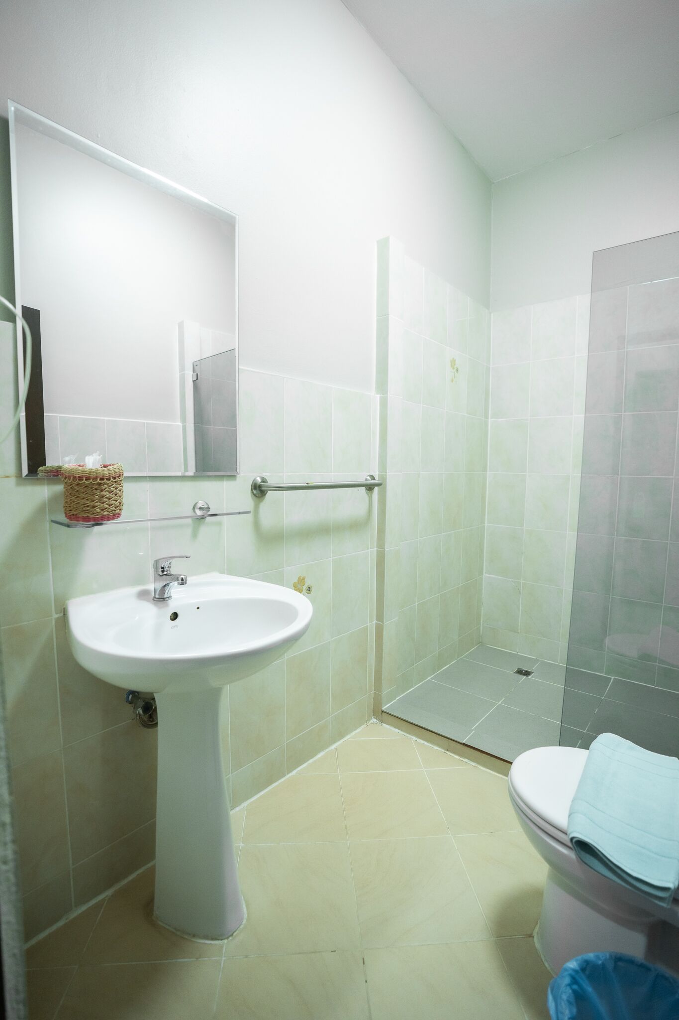 A bathroom with a pedestal sink, a toilet, and a shower area.