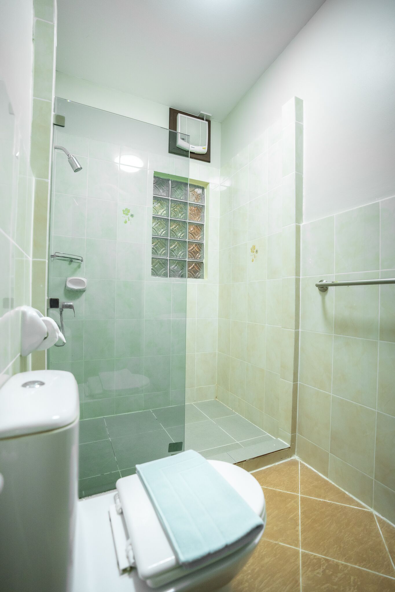 Ein Badezimmer mit Dusche, Toilette und Handtuchhalter.