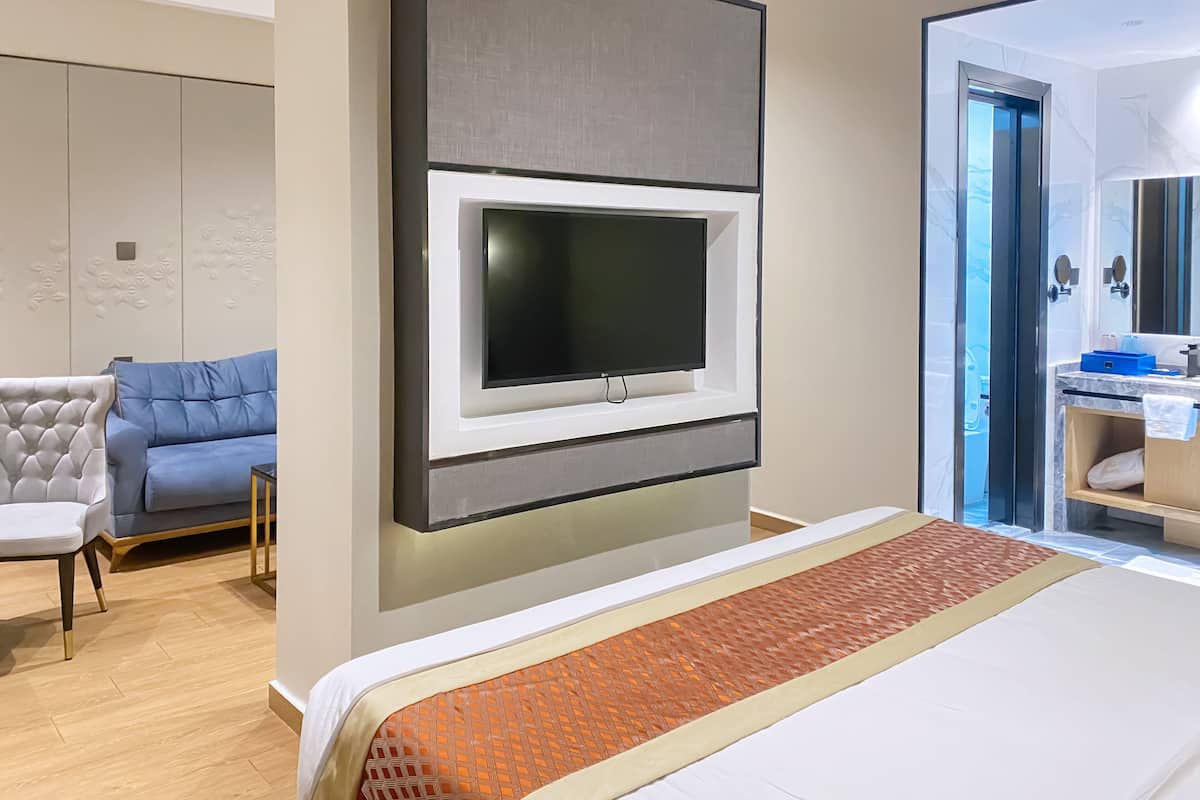 Una habitación de hotel moderna con una cama grande, un televisor de pantalla plana en la pared, un sofá gris y un baño con encimera de mármol.