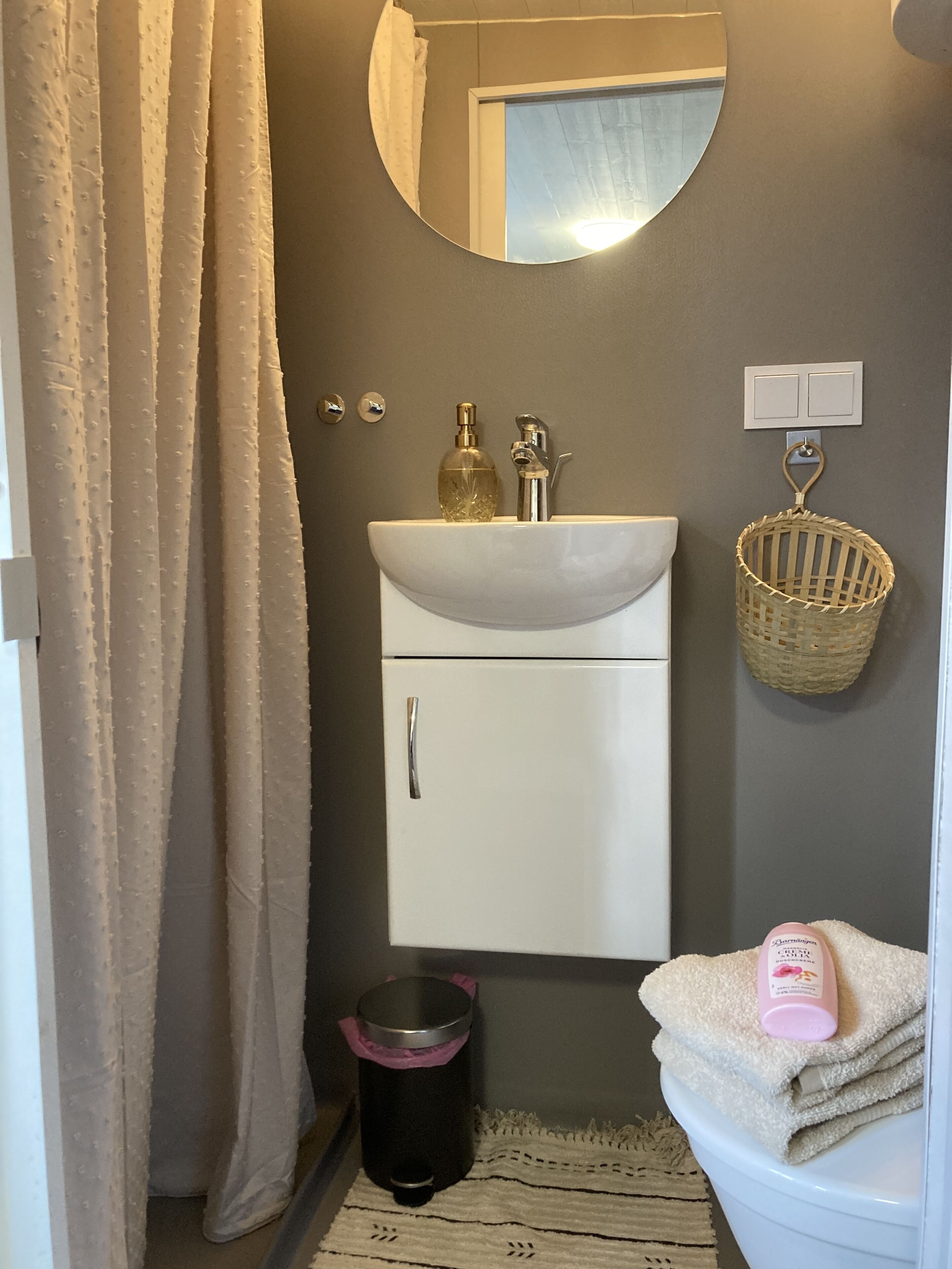 Shower, hair dryer, soap, toilet paper