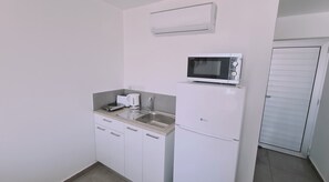 Fridge, microwave, electric kettle, toaster