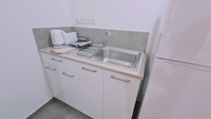 Una kitchenette compacta con un lavamanos de acero inoxidable, una tetera, un tostador y una pequeña encimera.