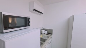 Fridge, microwave, electric kettle, toaster