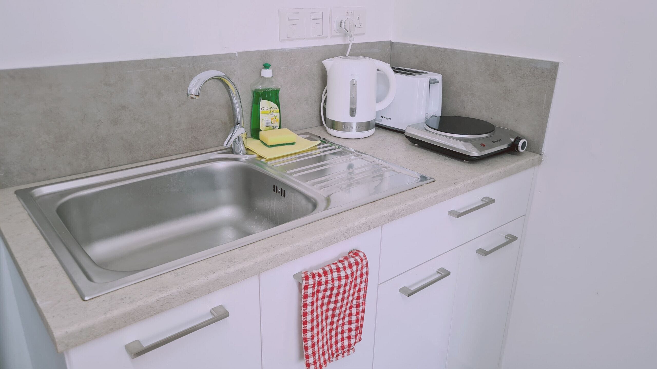 Fridge, microwave, electric kettle, toaster
