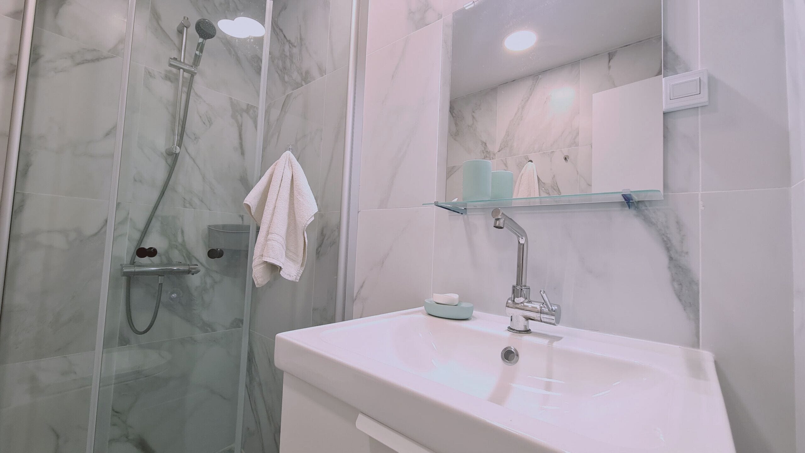 Shower, hair dryer, towels