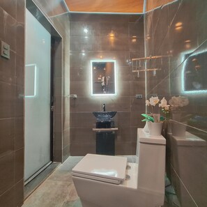 A modern bathroom with a toilet, sink, and a mirror with a light. - DE PORCH (Bolinao)